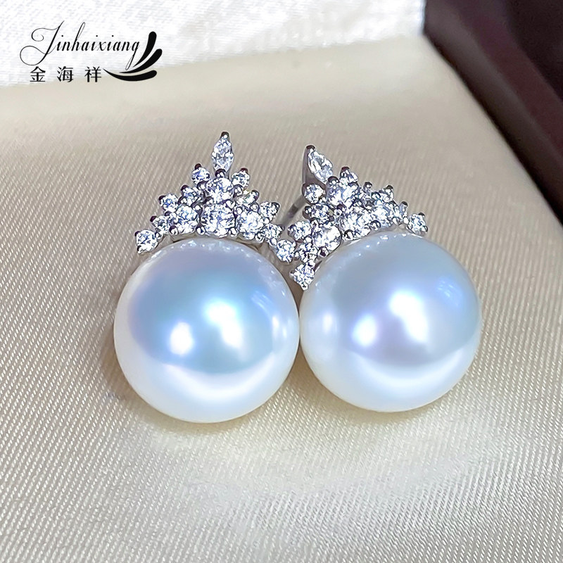 维纳斯冷光澳白海水珍珠耳环耳勾12mm18K金钻正圆强光冰雪女王