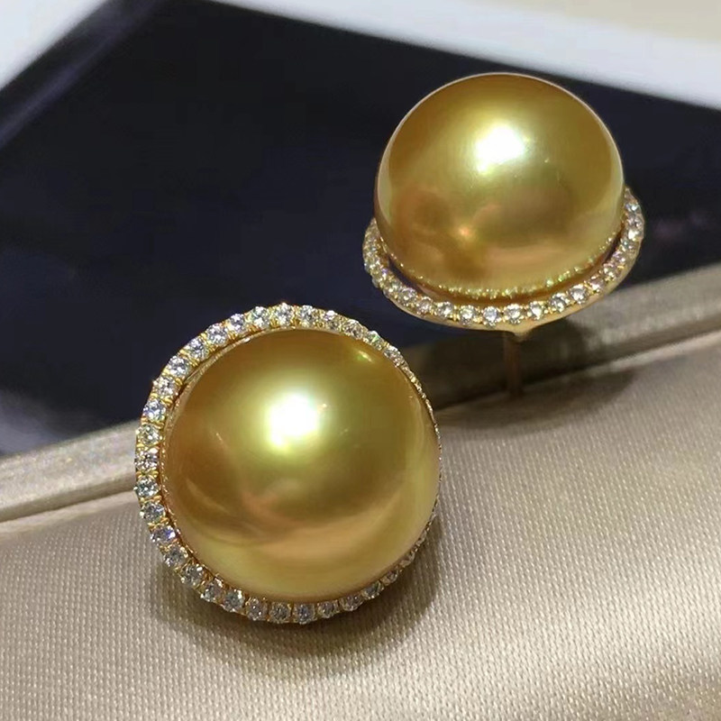 进口南洋金珠耳钉耳环海水珍珠耳钩耳坠11-12MM18K金钻石正圆强光