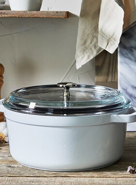 法国进口Staub珐琅铸铁锅24cm煲汤锅炖锅铂金灰玻璃盖可视化操作