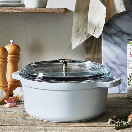 法国进口Staub珐琅铸铁锅24cm煲汤锅炖锅铂金灰玻璃盖可视化操作