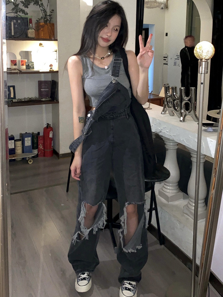 RIPPED DENIM BIB WOMENS SUMMER AMERICAN RETRO HIGH-WAISTED SLIM DESIGN SENSE NICHE FRIED STREET JUMPSUIT TREND