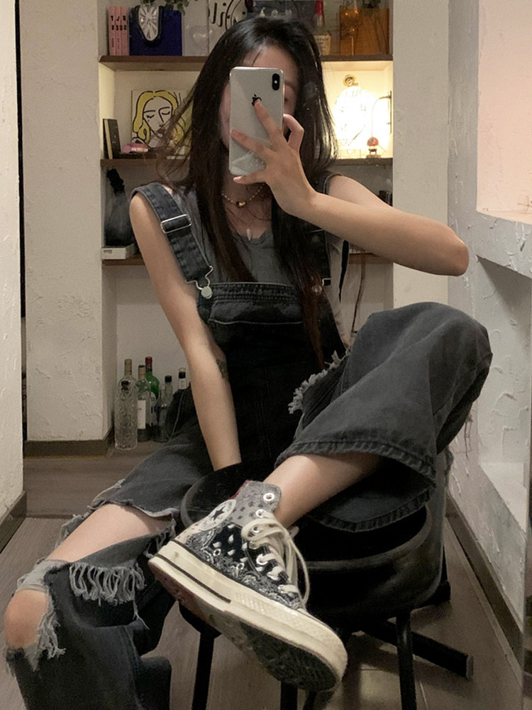 RIPPED DENIM BIB WOMENS SUMMER AMERICAN RETRO HIGH-WAISTED SLIM DESIGN SENSE NICHE FRIED STREET JUMPSUIT TREND