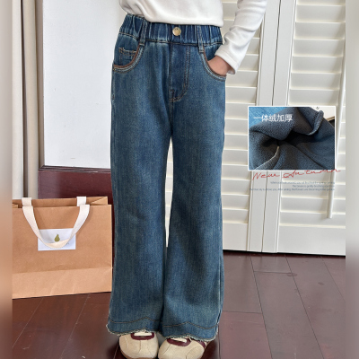 女童一体绒牛仔裤2025冬季新款