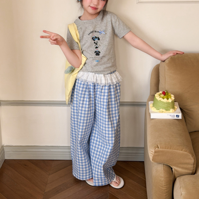 甜美洋气！女童蓝白格子直筒裤