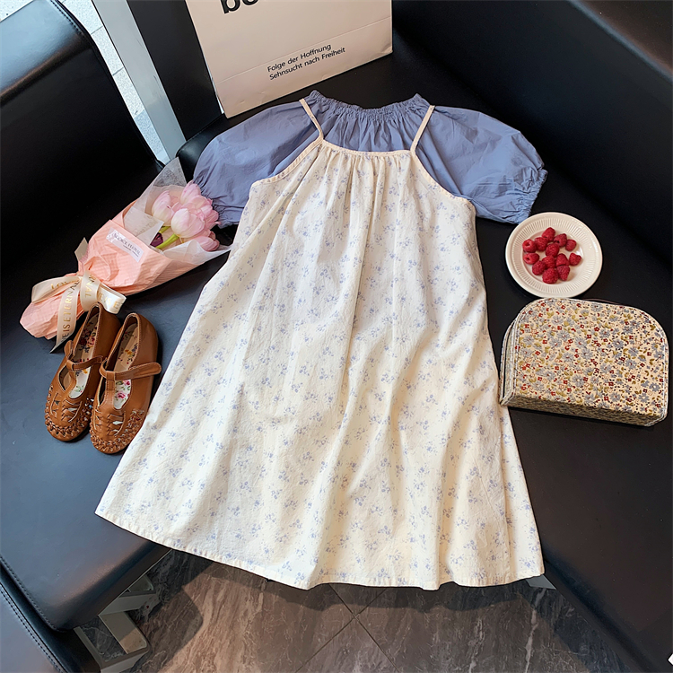 女童夏季兰色碎花吊带娃娃衫套装