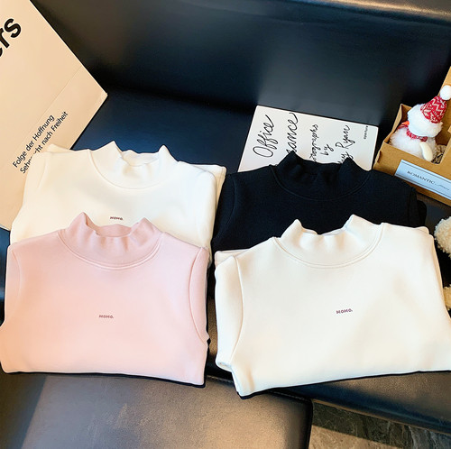 女童加绒加厚保暖半高领打底衫