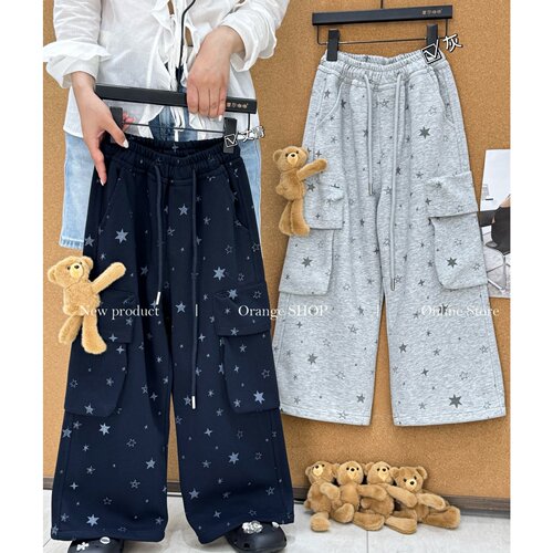 秋季女童韩版工装星星印花阔腿裤