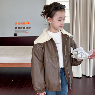 女童皮衣2025冬装新款儿童韩系夹棉外套女孩加厚皮夹克中大童棉服