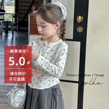 女童韩版打底衫2025春季新款中大童弹力波点短款长袖儿童花边T恤