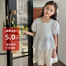 女童娃娃衫2025夏季新款儿童蓝色短袖衬衫中大童女孩韩系甜美上衣
