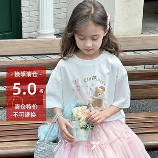 潮 2025夏季 新款 女童短袖 T恤儿童白色甜美上衣中大童女孩洋气夏装