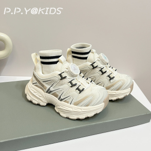 春款儿童旋转纽扣鞋子2026新款男女童运动鞋网面跑步鞋老爹鞋软底