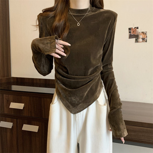 小衫 欧货高端丝绒长袖 胖mm显瘦洋气爆款 大码 上衣 T恤女2025秋新款
