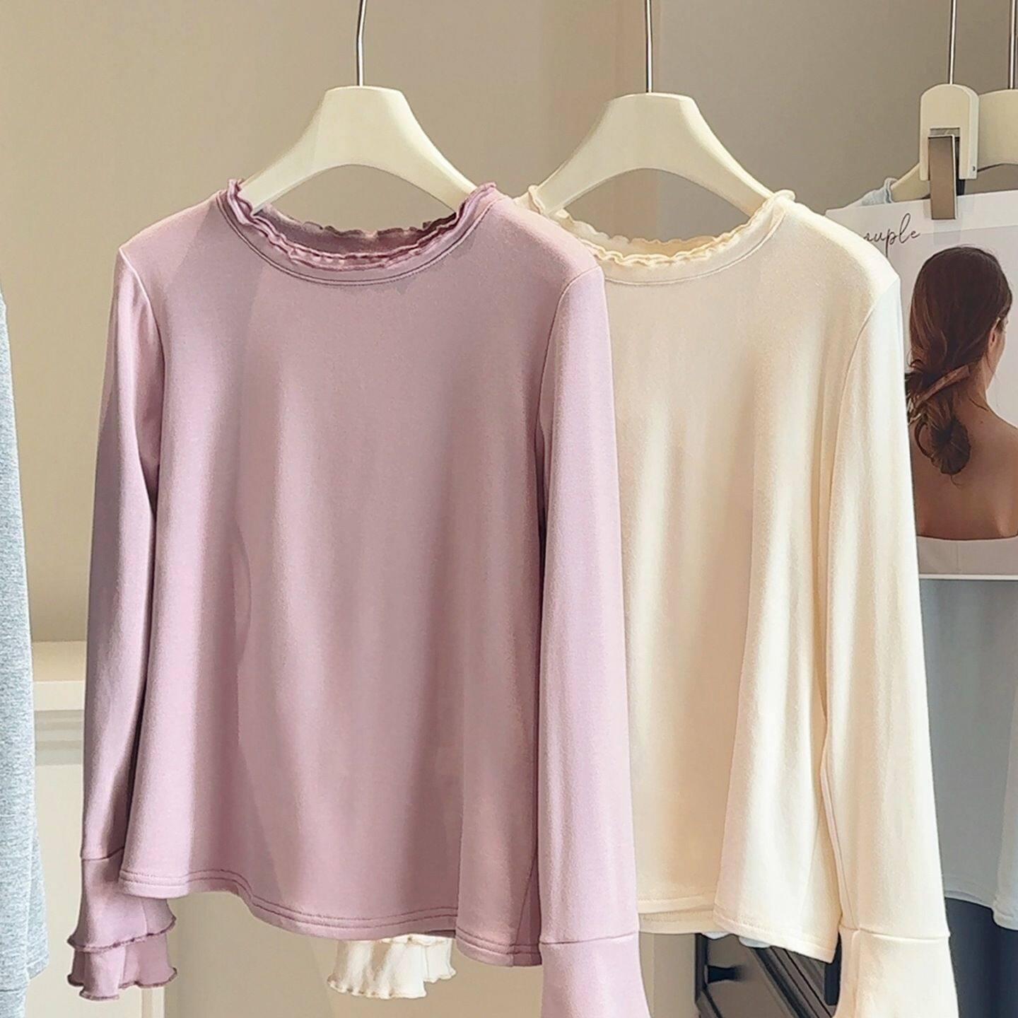 大码女装设计款秋冬气质甜美双木耳边长袖立领T恤加厚磨毛打底衫,女装/女士精品,大码内搭,淘宝优惠券,粉丝福利购,淘宝优惠卷