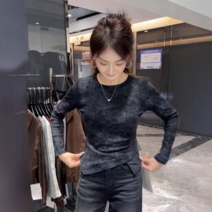 大码女装设计感不规则开叉长袖磨毛T恤女秋冬新款加厚打底衫上衣