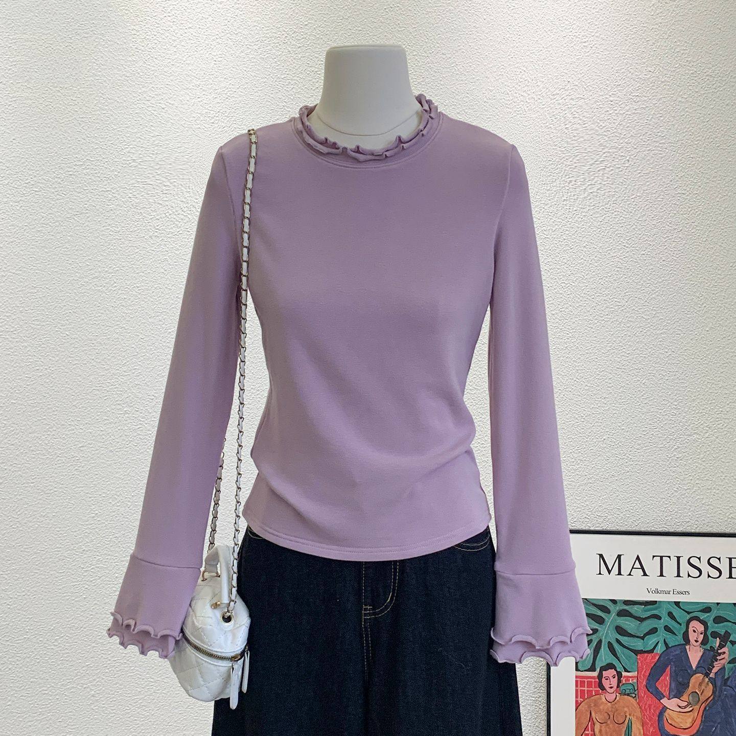 大码女装设计款秋冬气质甜美双木耳边长袖立领T恤加厚磨毛打底衫,女装/女士精品,大码内搭,淘宝优惠券,粉丝福利购,淘宝优惠卷