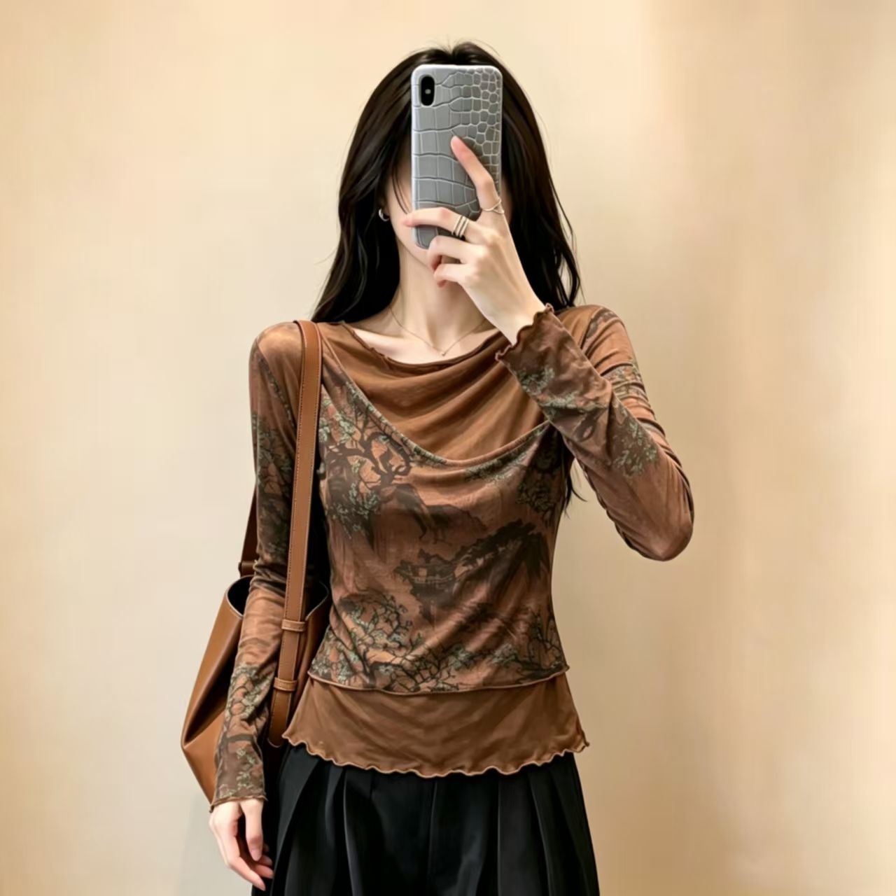 大码女装夏季复古印花长袖T恤女双层网纱拼接高级感防晒罩衫上衣图片