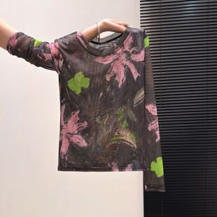 大码女装薄款印花设计长袖防晒T恤夏季圆领网纱透视百搭显瘦上衣