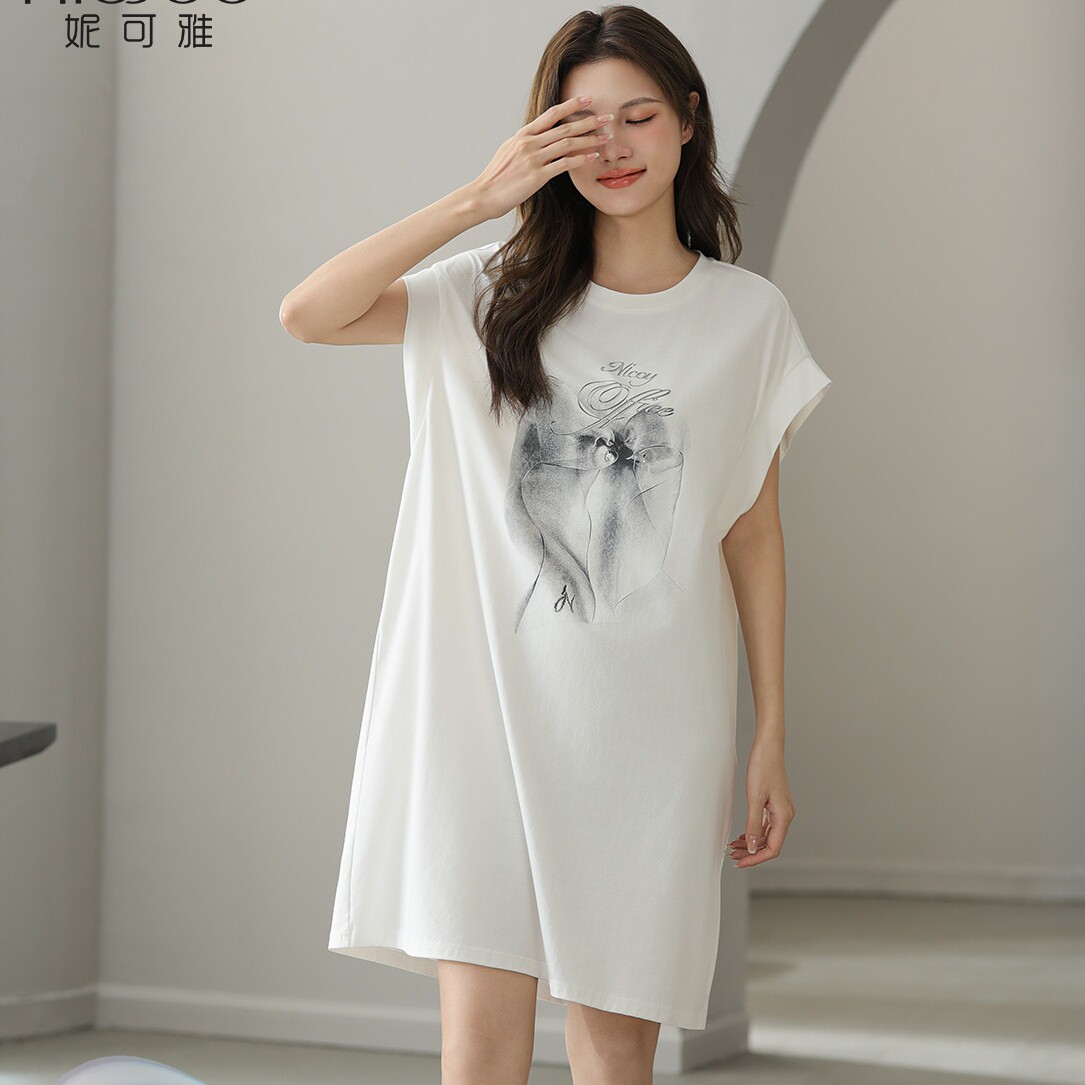 妮可雅睡衣夏季薄款女士奥力纯棉素色卡通可爱无袖睡裙宽松家居服