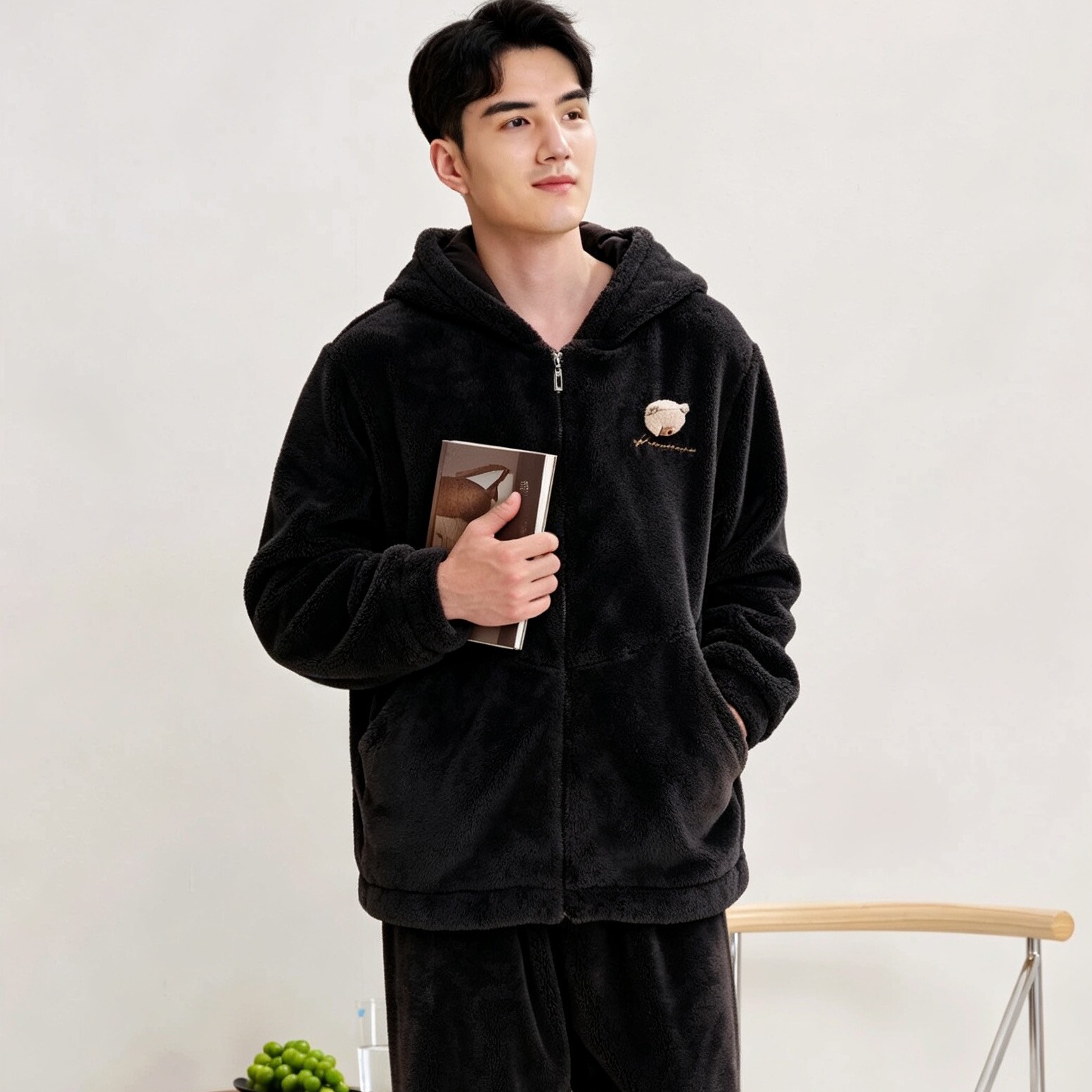 佰伦熊睡衣男士秋冬季加厚珊瑚绒连帽拉链保暖时尚青年家居服套装