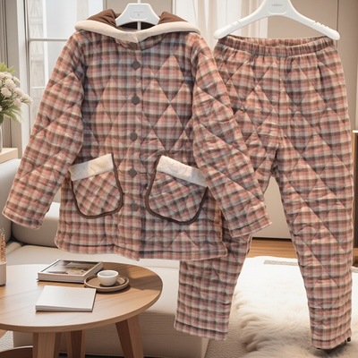 妮可雅睡衣冬季女三层加厚纯棉梭织夹棉时尚保暖中长款连帽家居服