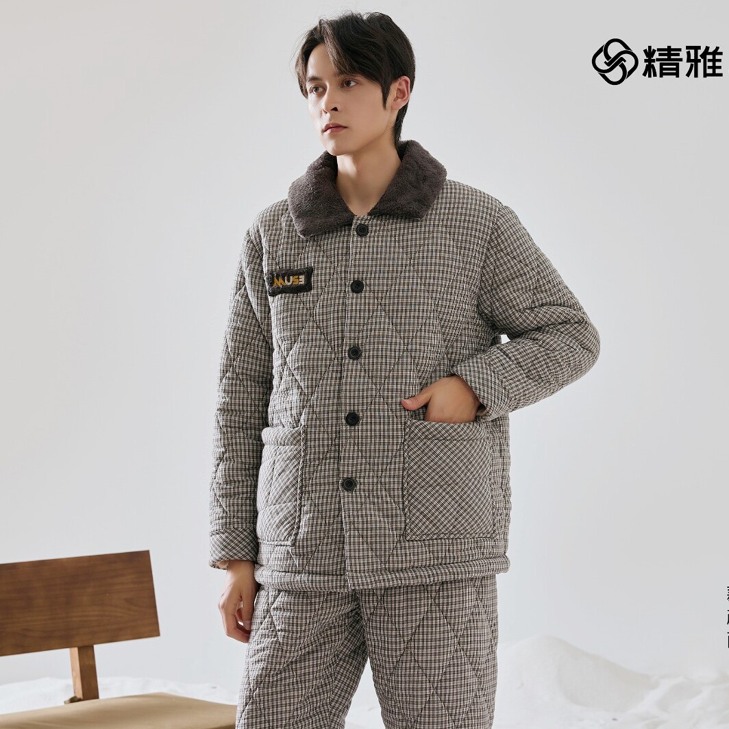精雅男冬季三层加厚纯棉夹棉睡衣