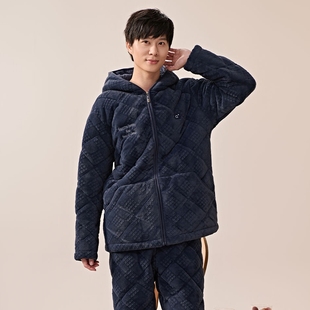 安之伴睡衣冬季 保暖连帽青年家居服 新款 男三层加厚法兰绒夹棉时尚