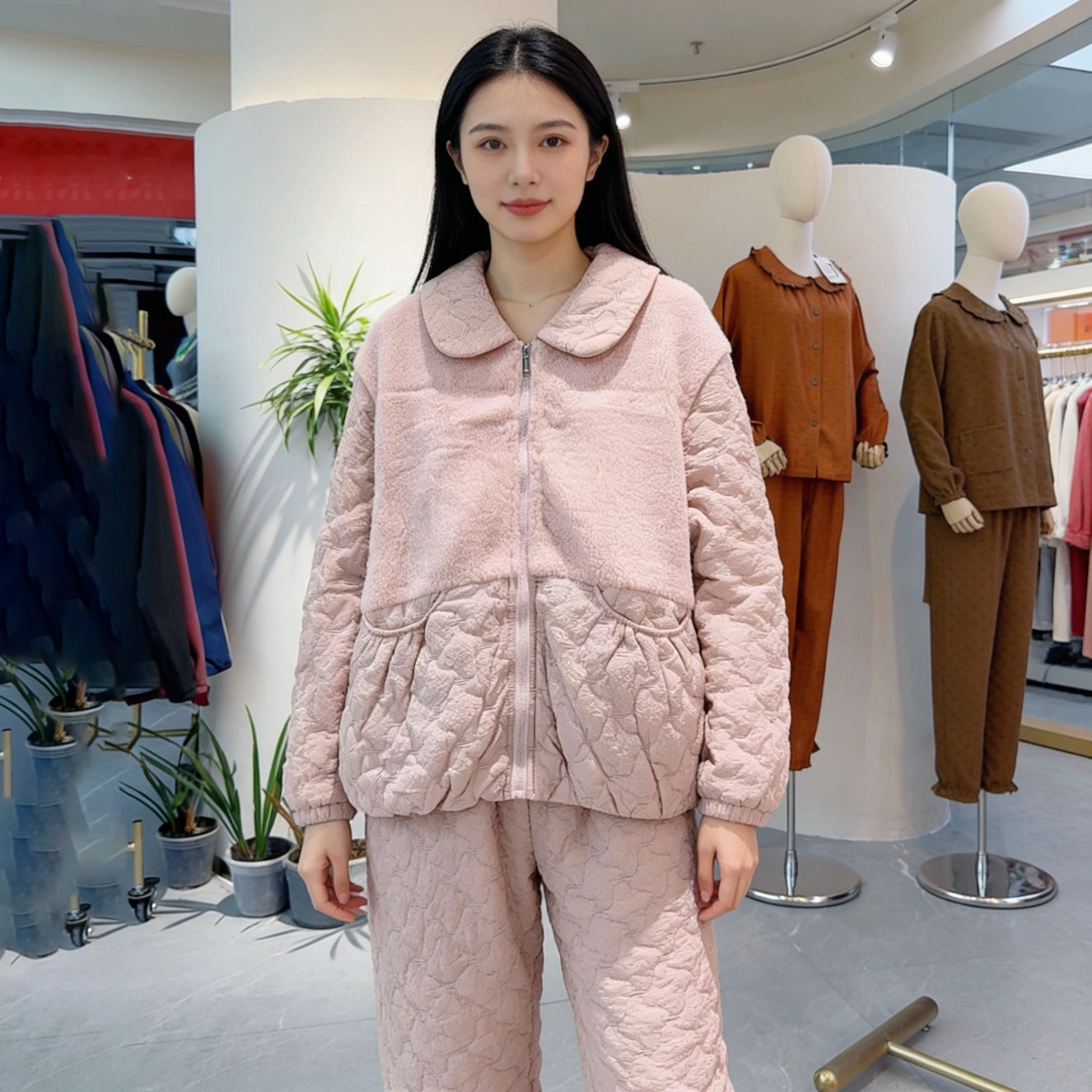 精雅冬季女三层夹棉保暖家居服