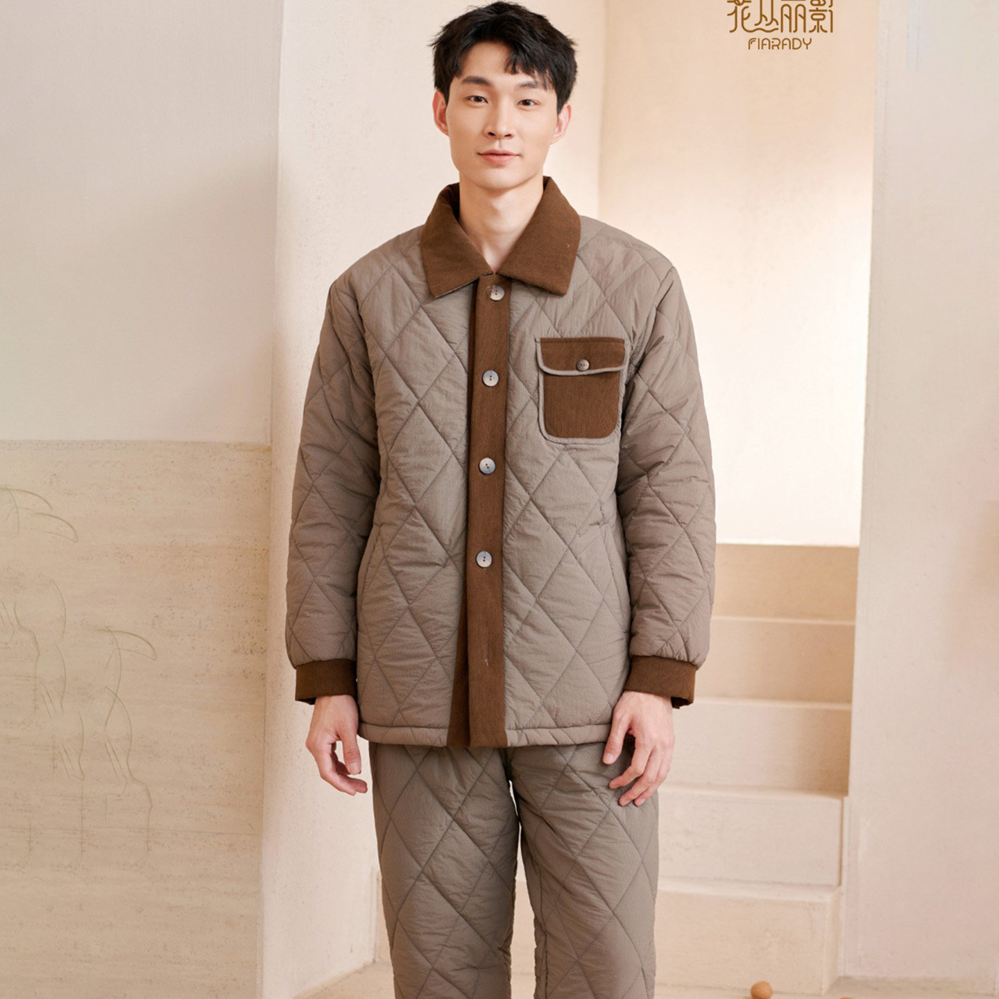 花丛丽影睡衣2025冬季男三层加厚羽绒夹棉时尚保暖青年家居服套装
