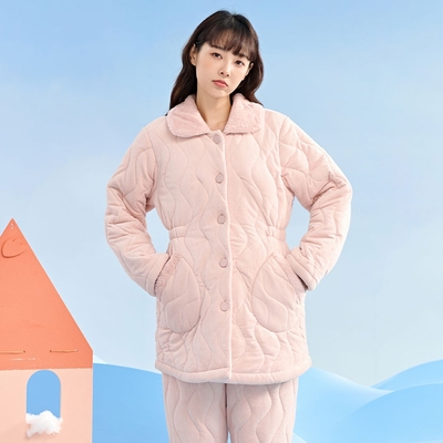 安之伴睡衣冬女三层加厚珊瑚绒夹棉时尚保暖收腰中长款家居服棉袄