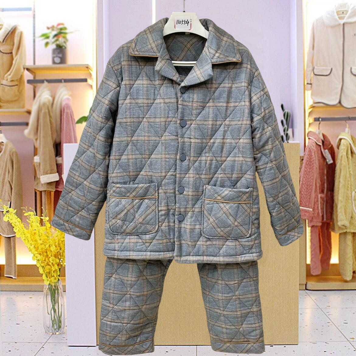 妮可雅睡衣冬季男士纯棉梭织磨毛格子加厚夹棉青年保暖家居服棉袄
