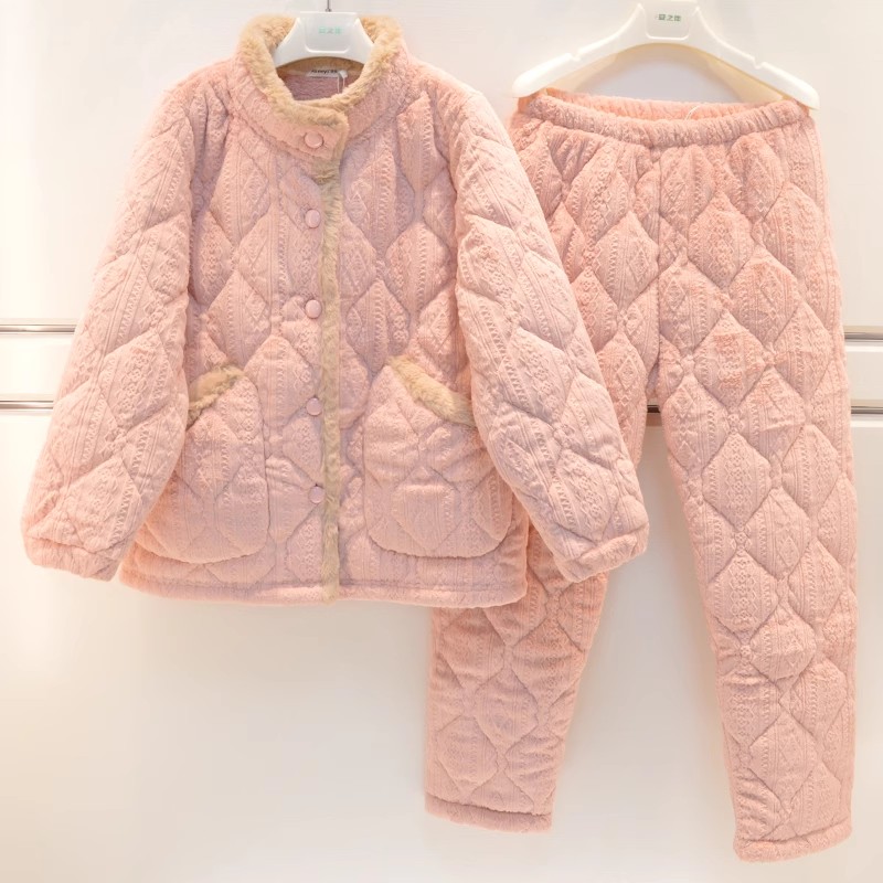 精雅睡衣2024冬季女三层加厚夹棉立领保暖防风棉袄时尚家居服套装