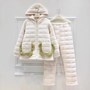 精雅睡衣2024冬季女士三层加厚夹棉牛奶绒连帽时尚保暖棉袄家居服