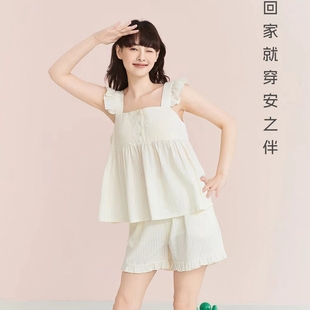 安之伴睡衣2025夏季 女士纯棉梭织甜美可爱无袖 短裤 全棉家居服套装