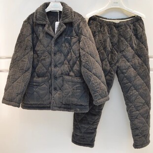 精雅睡衣2024冬季男士三层加厚夹棉牛奶绒时尚保暖棉袄家居服套装