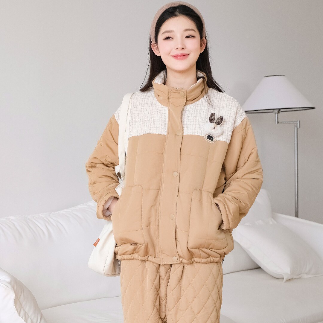 佰伦熊睡衣冬季女三层加厚风衣料立领夹棉时尚保暖青年家居服套装