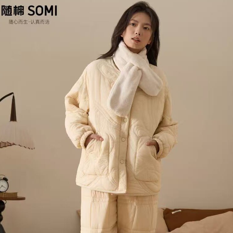 冬季女士梭织夹棉保暖睡衣套装