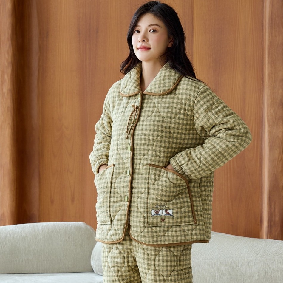 佰伦熊睡衣秋冬季女士三层加厚梭织格夹棉时尚保暖青年家居服棉袄