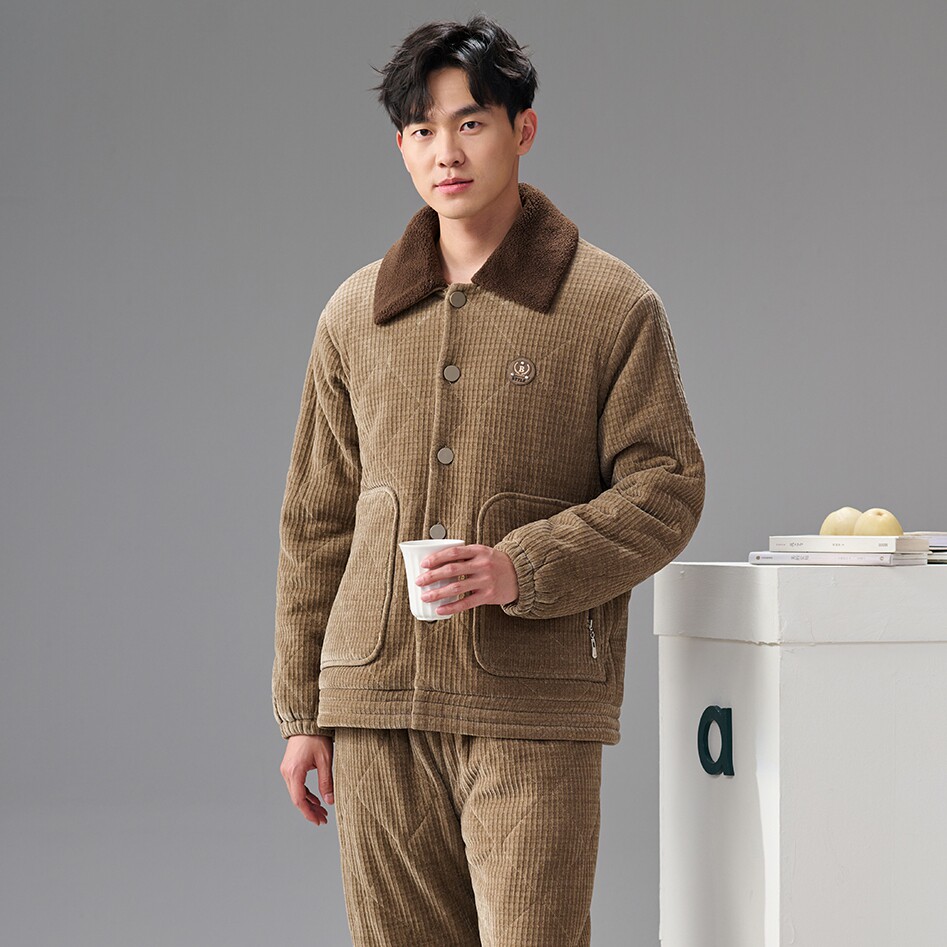 安之伴睡衣冬季男雪尼尔提花方格复合单夹时尚保暖青年家居服套装