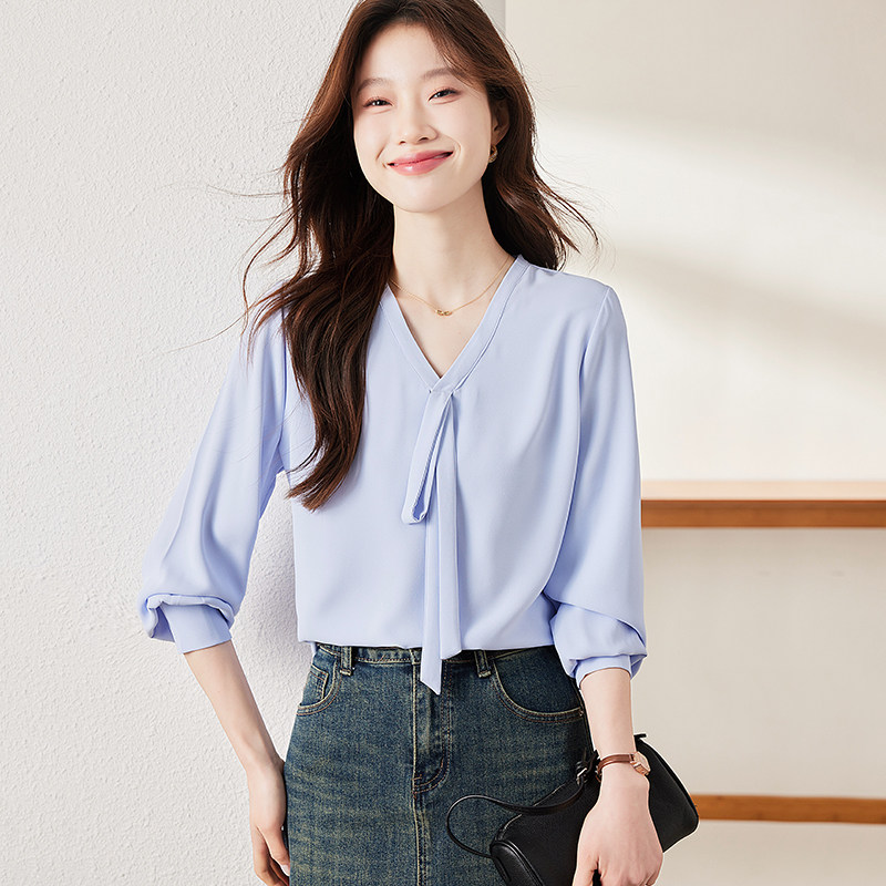 气质V领衬衫上衣女2025春装新款休闲百搭OL宽松显瘦长袖衬衣小衫