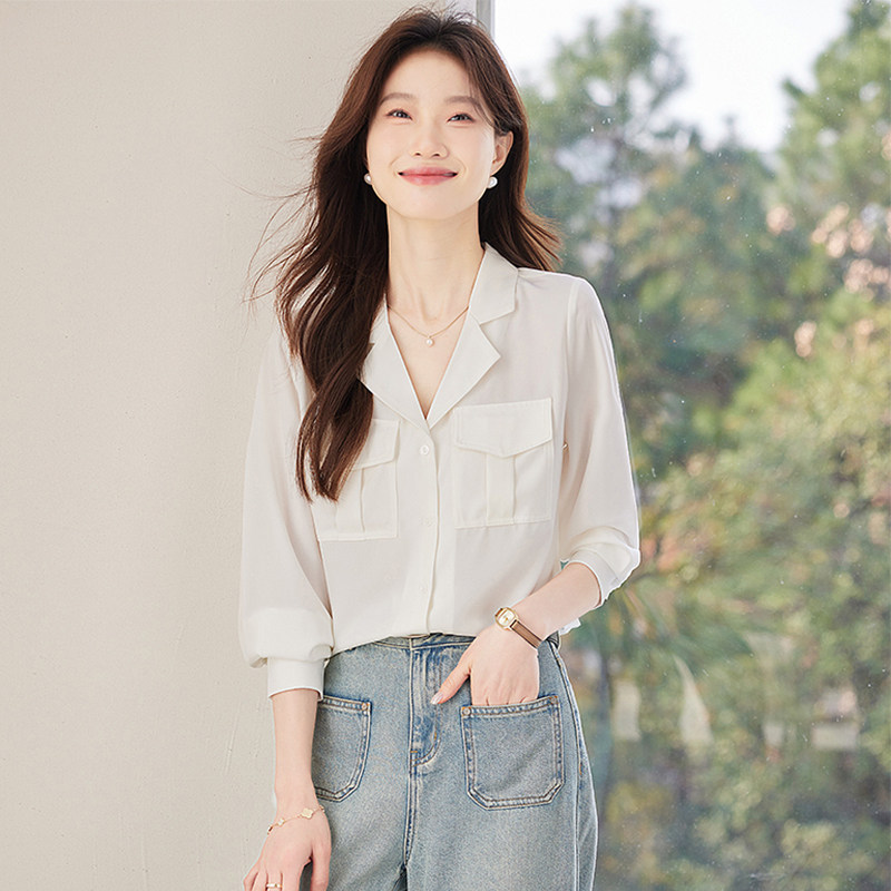 休闲通勤白色衬衣女春装新款宽松显瘦OL时尚简约气质V领衬衫上衣