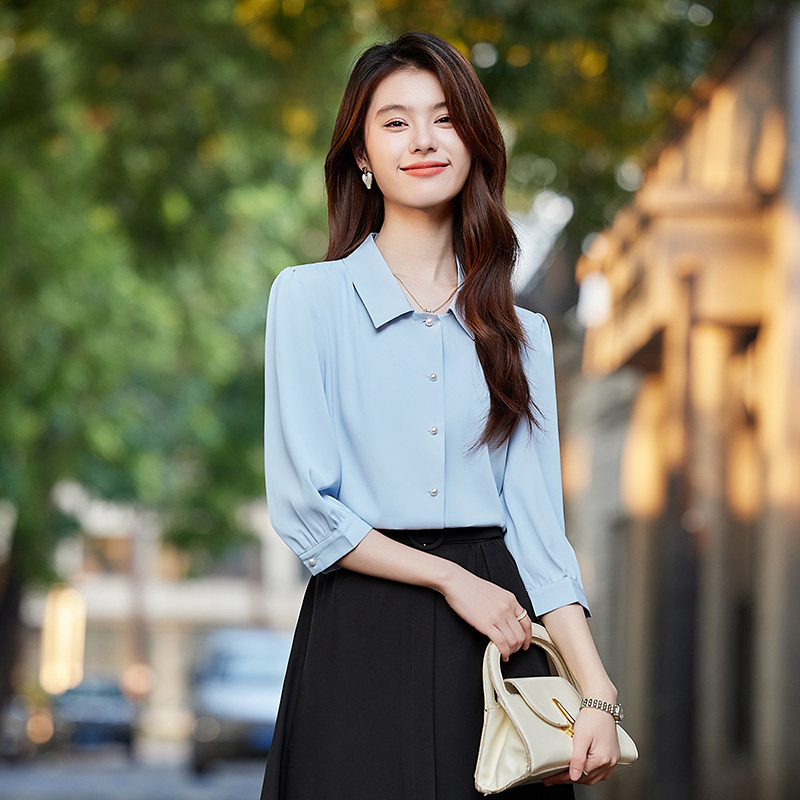 女神范高端七分袖纯色衬衫上衣女夏装韩版时尚百搭衬衫小衫女