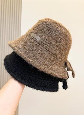 贴标日系蝴蝶结针织毛线渔夫帽子女秋冬保暖显脸小遮阳防晒水桶帽