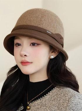 秋冬羊毛呢帽子法式显脸小洋气复古蝴蝶结渔夫帽中年妈妈保暖盆帽
