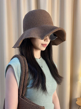 海边草帽女2025新款夏季法式大头围遮阳防晒帽大檐可折叠沙滩帽子