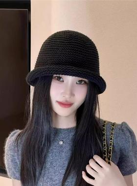 韩版简约纯色卷边渔夫帽子女春夏出游防晒遮阳百搭显脸小草编盆帽