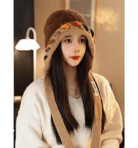 日系彩色针织流苏包头帽子女秋冬季新款毛绒保暖出游氛围感套头帽