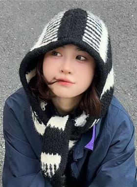 韩版ins条纹巴拉克拉法帽子女冬季含羊毛保暖护耳针织帽围巾一体