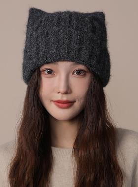 韩版ins可爱猫耳纯色针织帽子女秋冬季百搭保暖防风毛线帽大头围