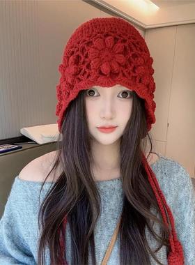 2025新款花朵纯手工编织双层辫子毛线帽女秋冬百搭针织护耳帽